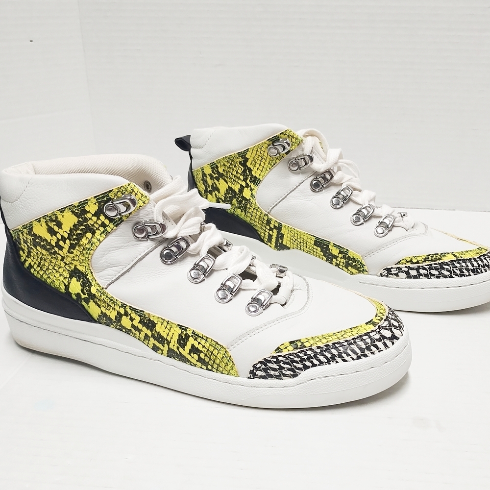 ,White & Yellow Snake-Print High-Top Athletic Sneakers